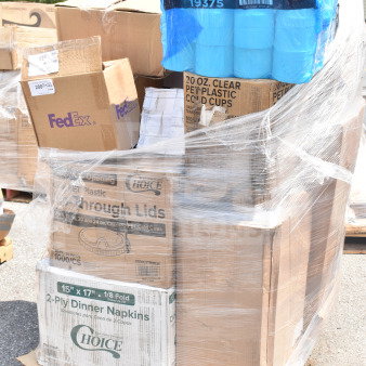 Pallet with assorted brand new scratch and dent items including napkins, plates, hot cups, gloves; labeled "Choice" and "Compact."
