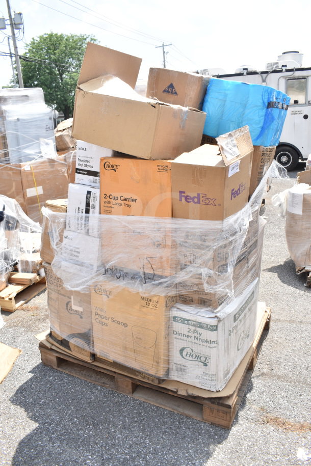 Pallet of 21 new scratch and dent items, including Choice napkins, vinyl gloves, paper scoop cups, and FedEx boxes.
