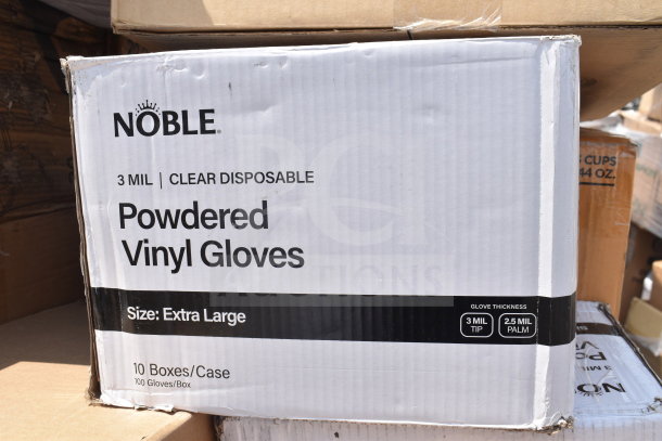 Noble powdered vinyl gloves box, 3 mil thickness, disposable, extra large, 10 boxes per case, 100 gloves per box, new condition.