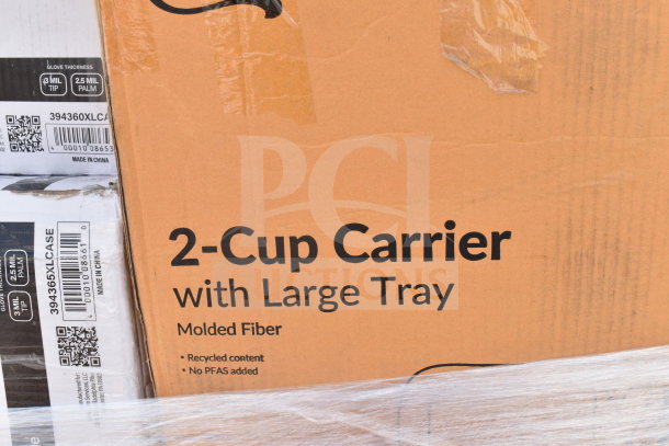Cardboard box labeled "2-Cup Carrier with Large Tray," indicates molded fiber, recycled content. Wrapped for protection.