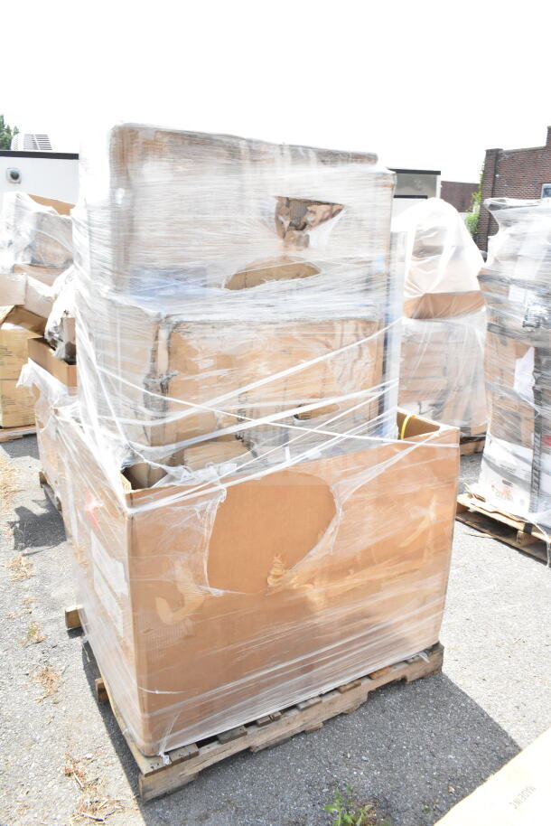 Pallet with 8 new scratch and dent items, shrink-wrapped. Includes work table, seafood boiler cart.