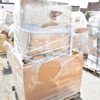 Pallet with 8 new scratch and dent items, shrink-wrapped. Includes work table, seafood boiler cart.