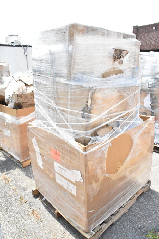 Pallet of 8 brand-new scratch and dent items, including work table and seafood boiler cart, wrapped in plastic.