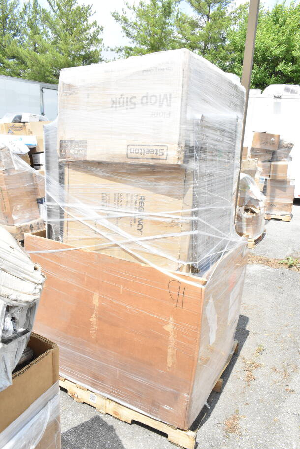 Pallet of 8 new scratch and dent items, wrapped for auction. Includes work table, seafood boiler cart.