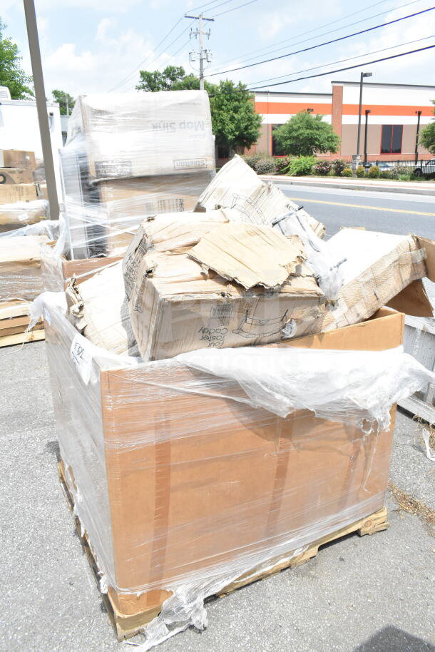 Large pallet of 8 new, scratch and dent items including compressor, hotel pans, and containers. Boxes wrapped in plastic.