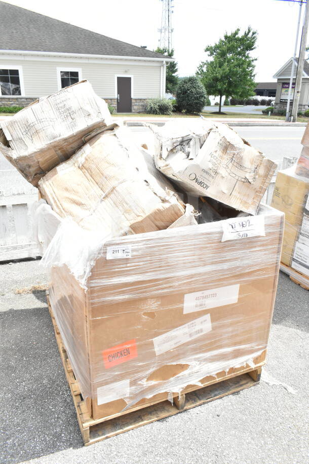 Pallet with wrapped boxes labeled "CHICKEN" containing 8 scratch and dent items, including a compressor and containers.