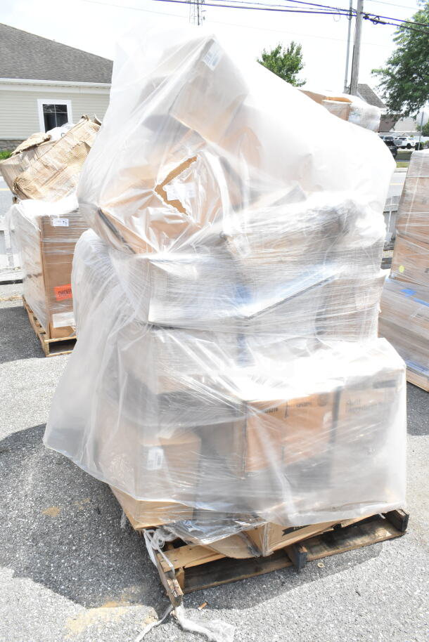 Plastic-wrapped pallet with various boxed items, including trays, sake cup, and shelves. Scratch and dent condition, 34 items.