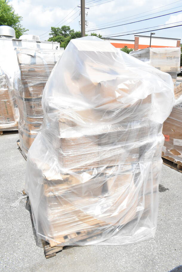 Palette of 34 new scratch and dent items, including trays, sake cup, and shelves, wrapped in plastic for auction.