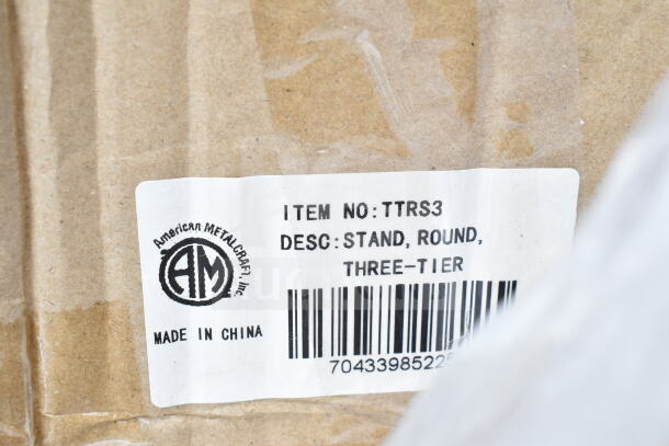 Label on packaging for American Metalcraft, Inc. round three-tier stand, item no. TTRS3, made in China.