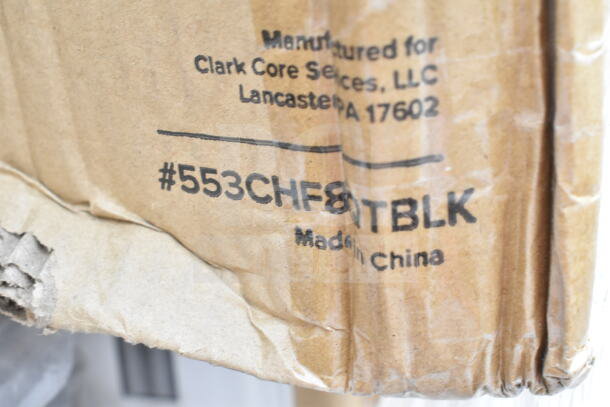 Cardboard box labeled "Clark Core Services, LLC, Lancaster, PA, #553CHF8TBLK, Made in China" with visible creases.