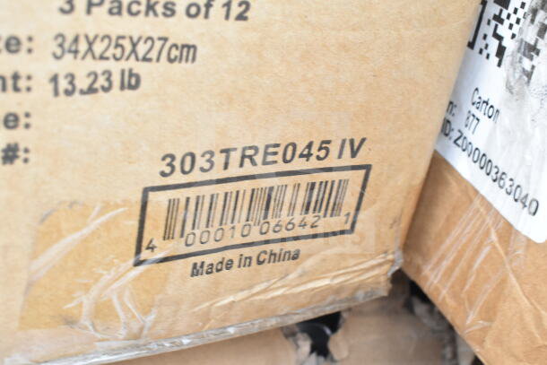 Cardboard box with barcode "0001006642", model "303TRE045 IV", and label "Made in China". Contains 34 scratch and dent items.