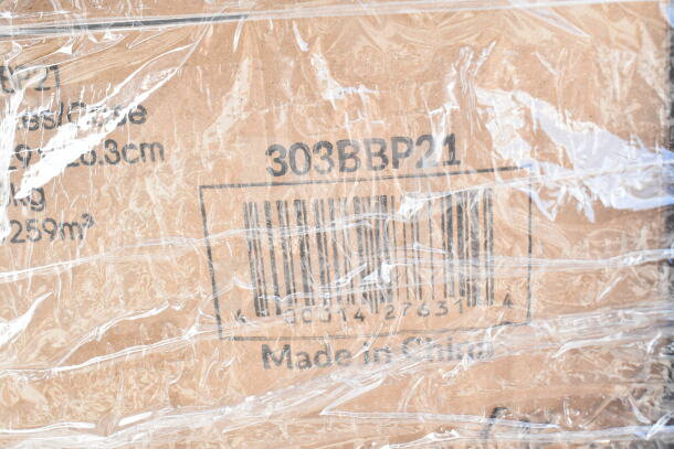 Cardboard box wrapped in plastic, marked "303BBP21", with barcode and "Made in China." Contains scratch and dent items.