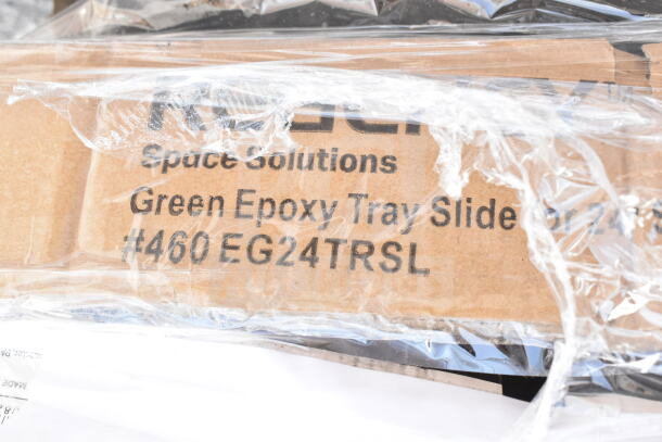 Cardboard box marked "Space Solutions Green Epoxy Tray Slide #460 EG24TRSL" wrapped in plastic. Scratch and dent condition.