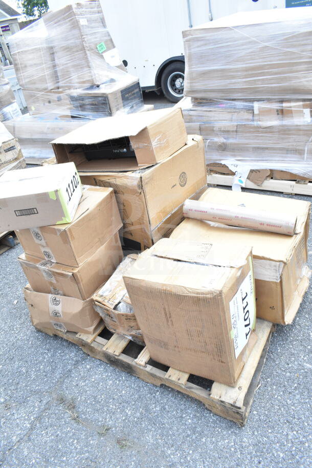 A pallet of assorted boxed items, labeled "11071," includes new scratch and dent pieces like pizza pans and SIB board.