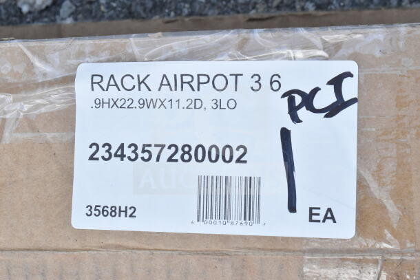 Label on box for Rack Airpot 36. Dimensions: 9H x 22.9W x 11.2D. Markings: PCI, barcode 234357280002, 3568H2.