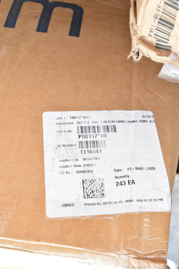 Cardboard box with label showing item code P00157, dated 23-Mar-2026, quantity 243 EA, supplier Johnsha.