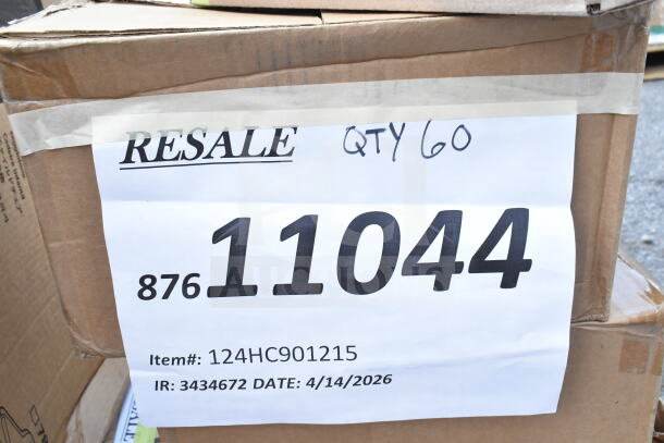 Cardboard box with a resale label showing quantity 60, item number 124HC901215, and date 4/14/2026.
