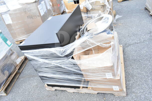 10 brand new scratch and dent items, including chafers and silicone spatula, wrapped on a pallet, ready for auction.