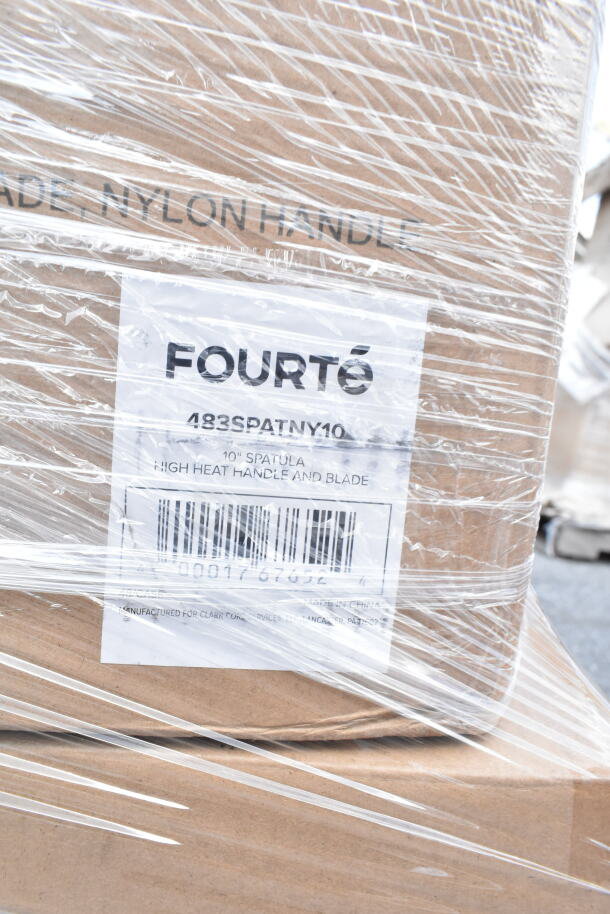 Boxes labeled "FOURTÉ 10-inch Spatula," high heat handle and blade, wrapped in plastic. Scratch and dent items.