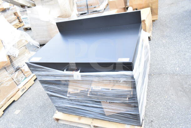 10 new scratch and dent items on pallet, wrapped in plastic. Includes chafers, silicone spatula. Visible labels on boxes.