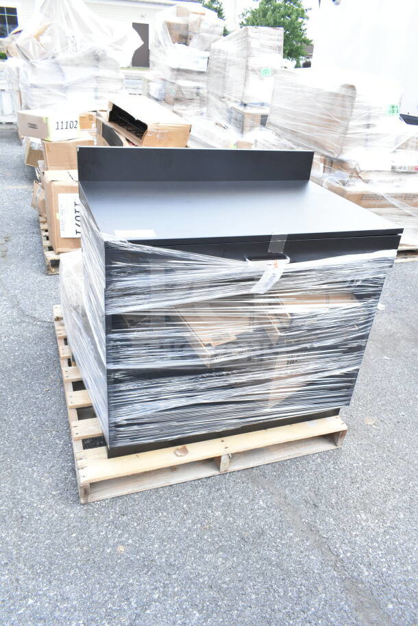 Plastic-wrapped pallet of kitchen items including chafers and a silicone spatula, brand new with scratch and dent conditions.