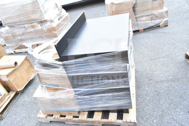 10 brand new scratch and dent items on pallets, including chafers and a silicone spatula, wrapped in plastic.