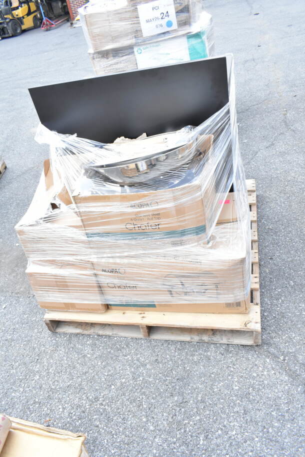 A pallet with multiple boxed stainless steel chafers, labeled "6 Quart Roll Top," shrink-wrapped and marked with auction details.