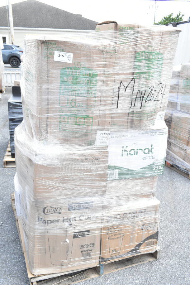 Pallet with 25 brand new, scratch and dent items including portion bags, paper bags, and gloves. Labels show May26-24.