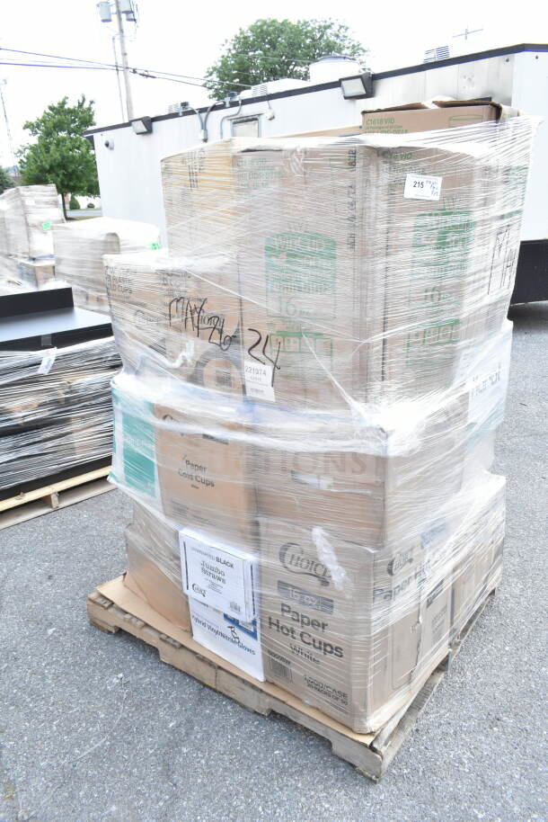 Pallet of 25 new scratch and dent items, including portion bags, paper bags, gloves. Visible brand labels and item tags.