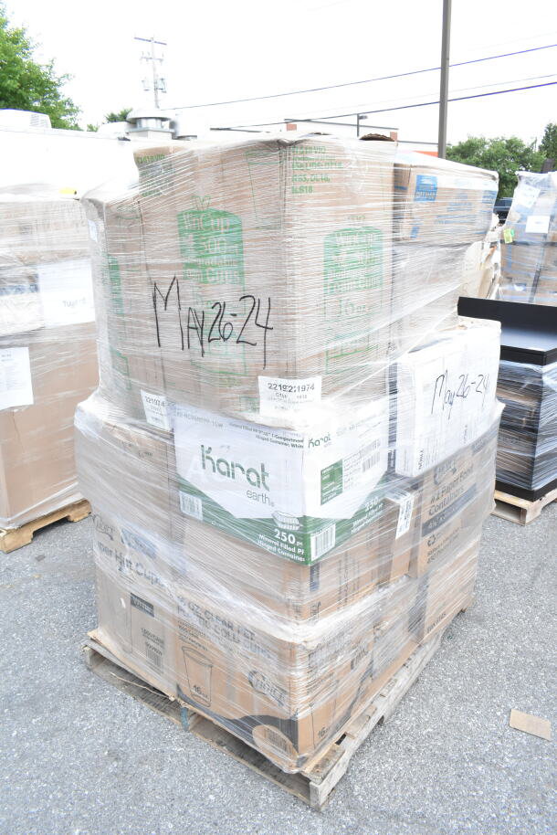 Pallet of 25 scratch and dent items including Karat Earth portion bags and gloves; marked "MAY26-24."