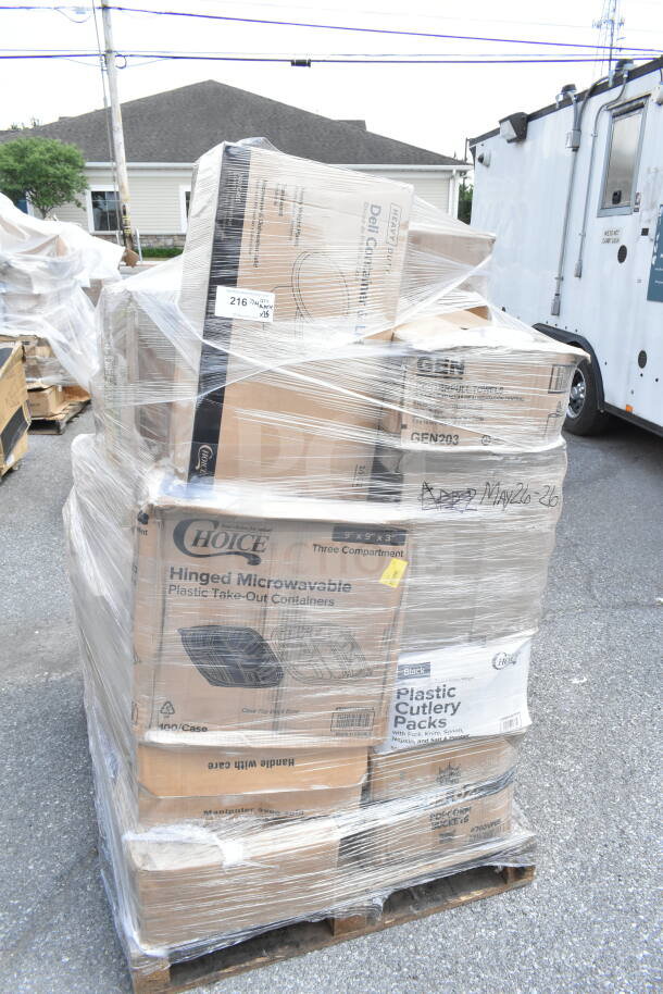 Stack of 26 scratch and dent items on a pallet, including Choice plastic containers, plastic cutlery packs, and popcorn buckets. Wrapped in plastic.