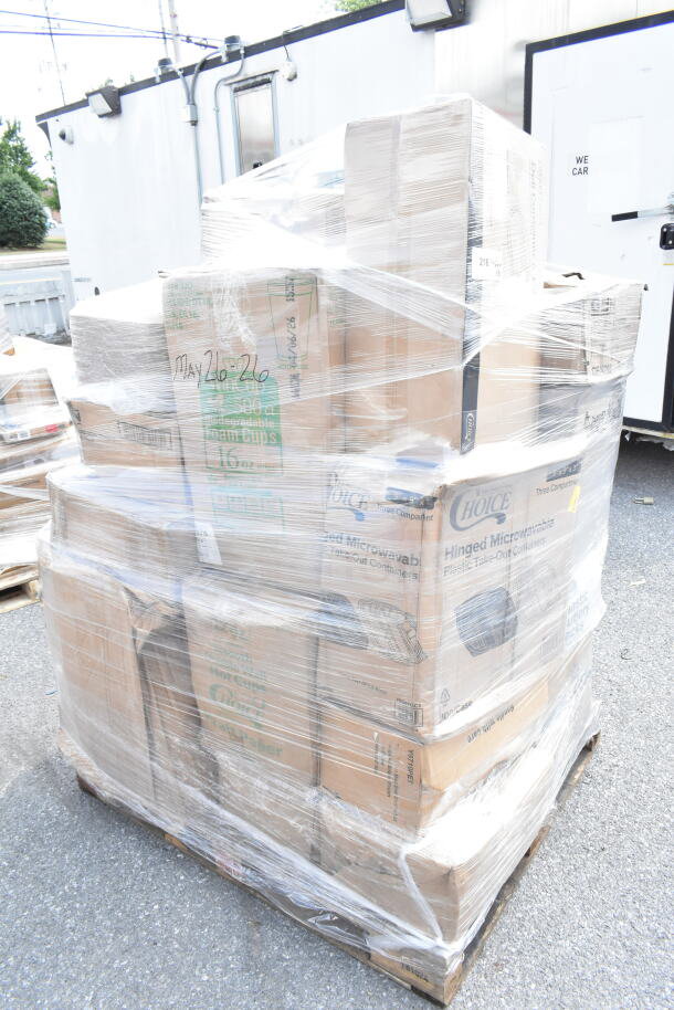 Pallet of 26 boxed, scratch and dent items including popcorn buckets and cold cups, wrapped in plastic. May26-26.