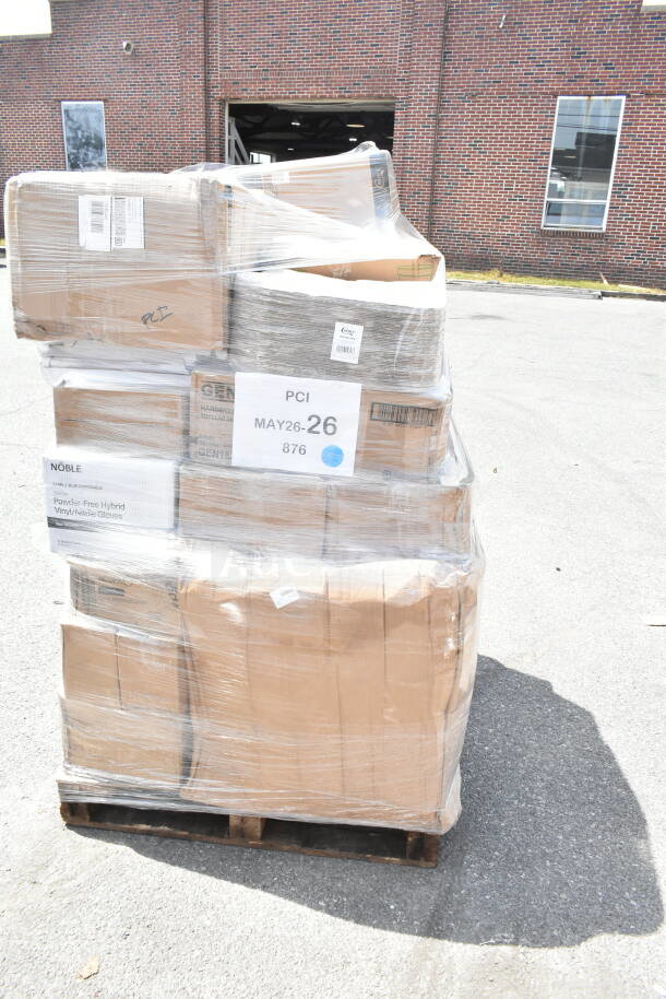 A pallet of 26 assorted scratch and dent items, including popcorn buckets and cups, wrapped and labeled with "PCI MAY26-26".