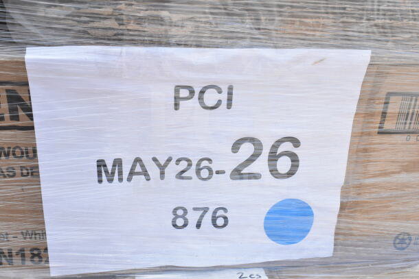 Palette of 26 new scratch and dent items wrapped in plastic. Label reads "PCI MAY26-26 876" with a blue dot.