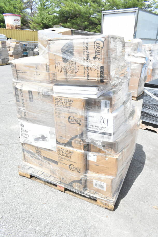 Shrink-wrapped pallet with new scratch and dent items: popcorn buckets, containers, cold cups. Boxes labeled "Choice" and other brands.
