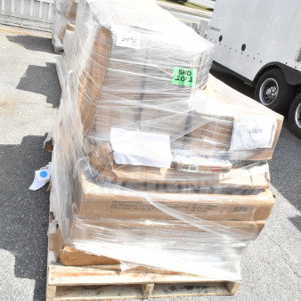 Pallet of 14 brand new scratch and dent items, including table, speed rail, and ice bin, wrapped in plastic.