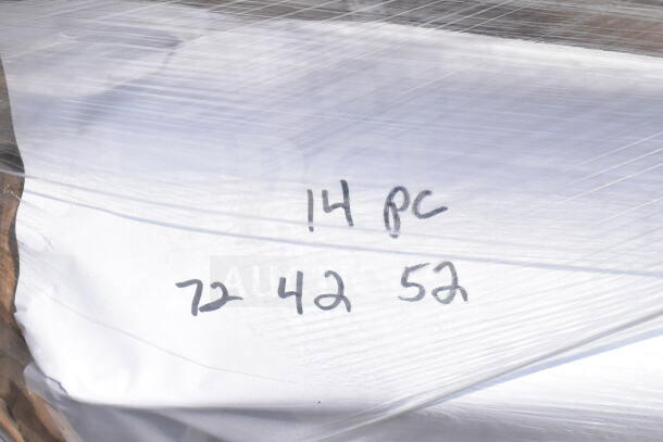 14-piece scratch and dent set including table, speed rail, ice bin; wrapped and labeled "14 pc, 72 42 52."