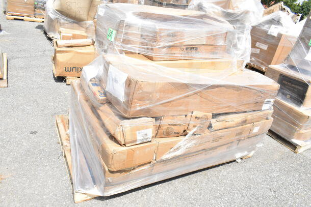Shrink-wrapped pallet with 14 new scratch and dent items, including table, speed rail, and ice bin; slight box damage visible.