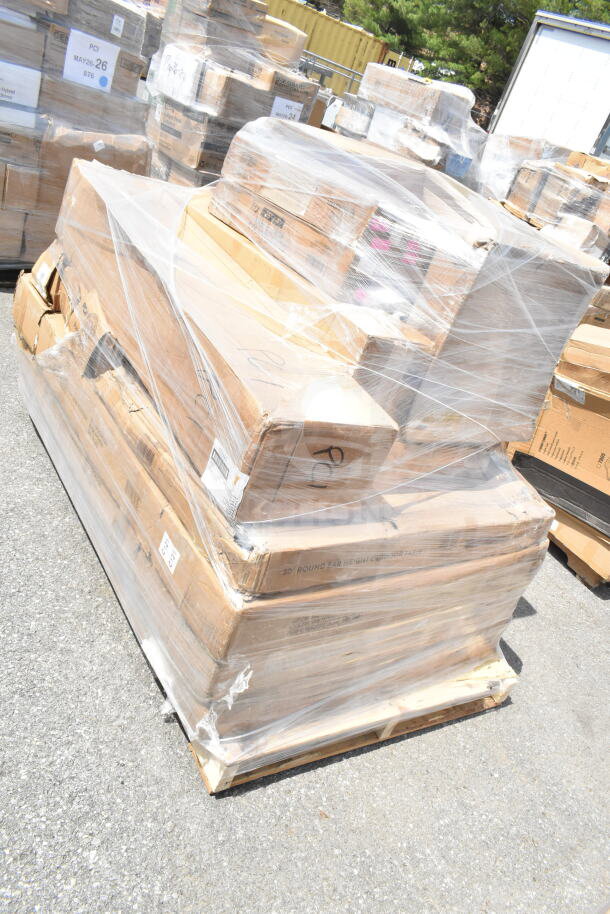 Shrink-wrapped pallet with 14 new scratch and dent items, including a table, speed rail, and ice bin. Boxes marked "PC1 MAY26-26".