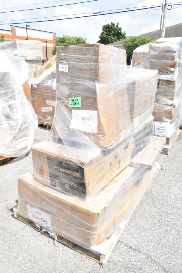 Brand new scratch and dent items on pallet, including work table and sink. Skid marked "2 of 3." Visible labels and packaging.