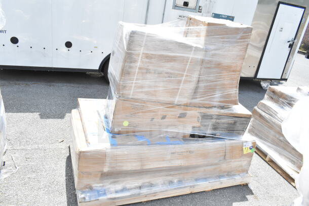 Pallet with 6 scratch and dent items wrapped in plastic, including a work table and sink; auction lot with label 17.