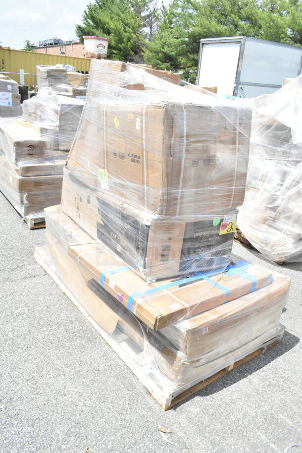 Pallet of 6 new scratch and dent items including work table and sink, wrapped in plastic. Item codes visible on boxes.