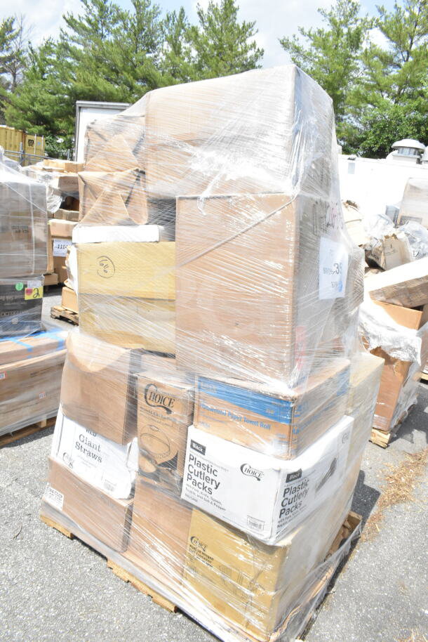 Shrink-wrapped pallet of assorted new scratch-and-dent items, including straws, hot cups, gloves, and containers.