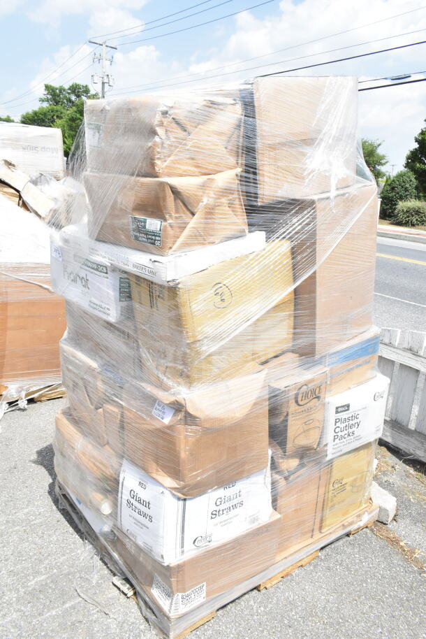 Pallet wrapped with boxes labeled "Giant Straws," "Plastic Cutlery Packs," and more. Items are brand new, scratch and dent.