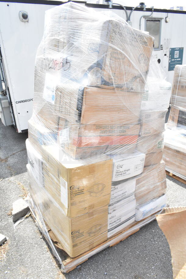 Pallet of 29 brand new scratch and dent items wrapped in plastic, including straws, hot cups, gloves, containers; bulk auction lot.