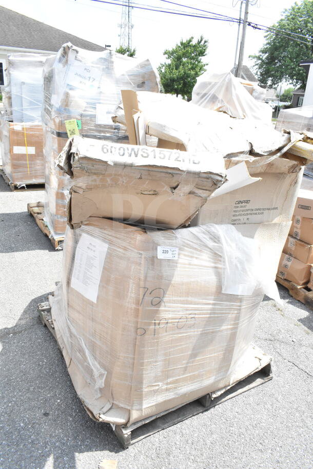 Pallet of 9 brand new scratch and dent items, including containers and salad spinner, wrapped in plastic with visible labels.