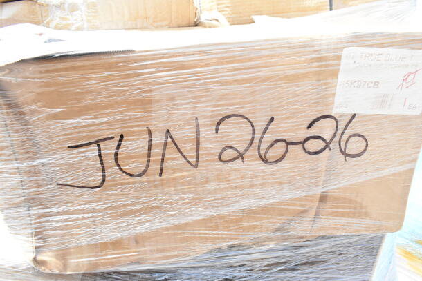Cardboard box labeled "JUN26-26" wrapped in plastic, contains 26 brand new scratch and dent items like cutlery and plates.