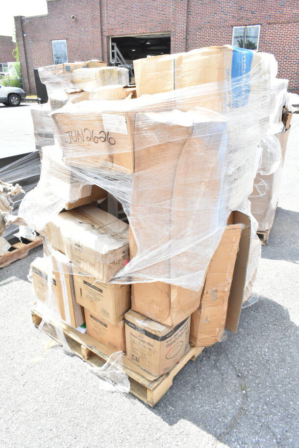 Pallet of boxed items wrapped for auction, labeled "JUN26-26," including utensils and pizza pans, in new, scratch and dent condition.