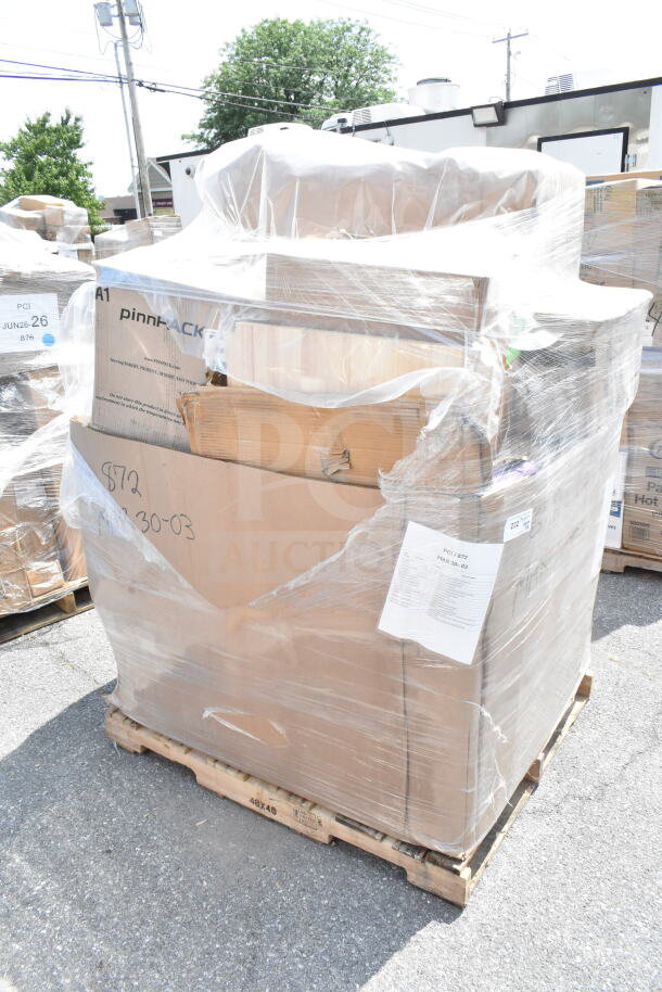 Shrink-wrapped pallet with mixed scratch and dent items, including cups and bins. Visible label "MAR30-03". Brand new condition.