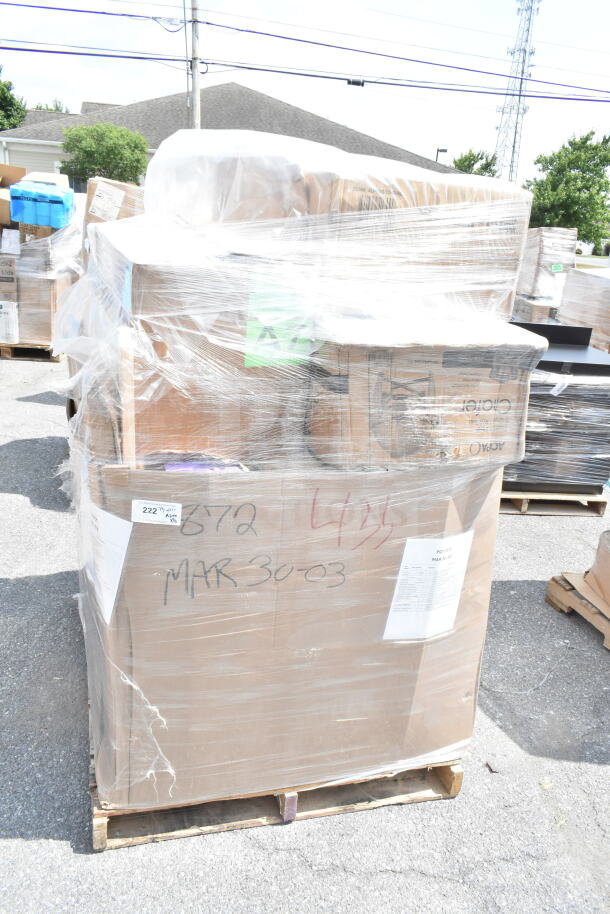Pallet with 16 new scratch and dent items, including cold cups, foam cups, ingredient bin, trash can. Marked "MAR30-03".